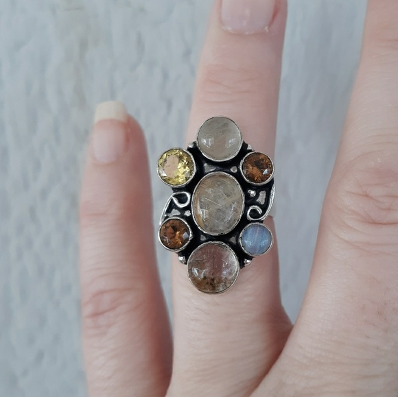 New Golden Rutile, Citrine, Smoky Topaz & Rainbow Moonstone 925 Silver Ring. - Picture 4 of 8
